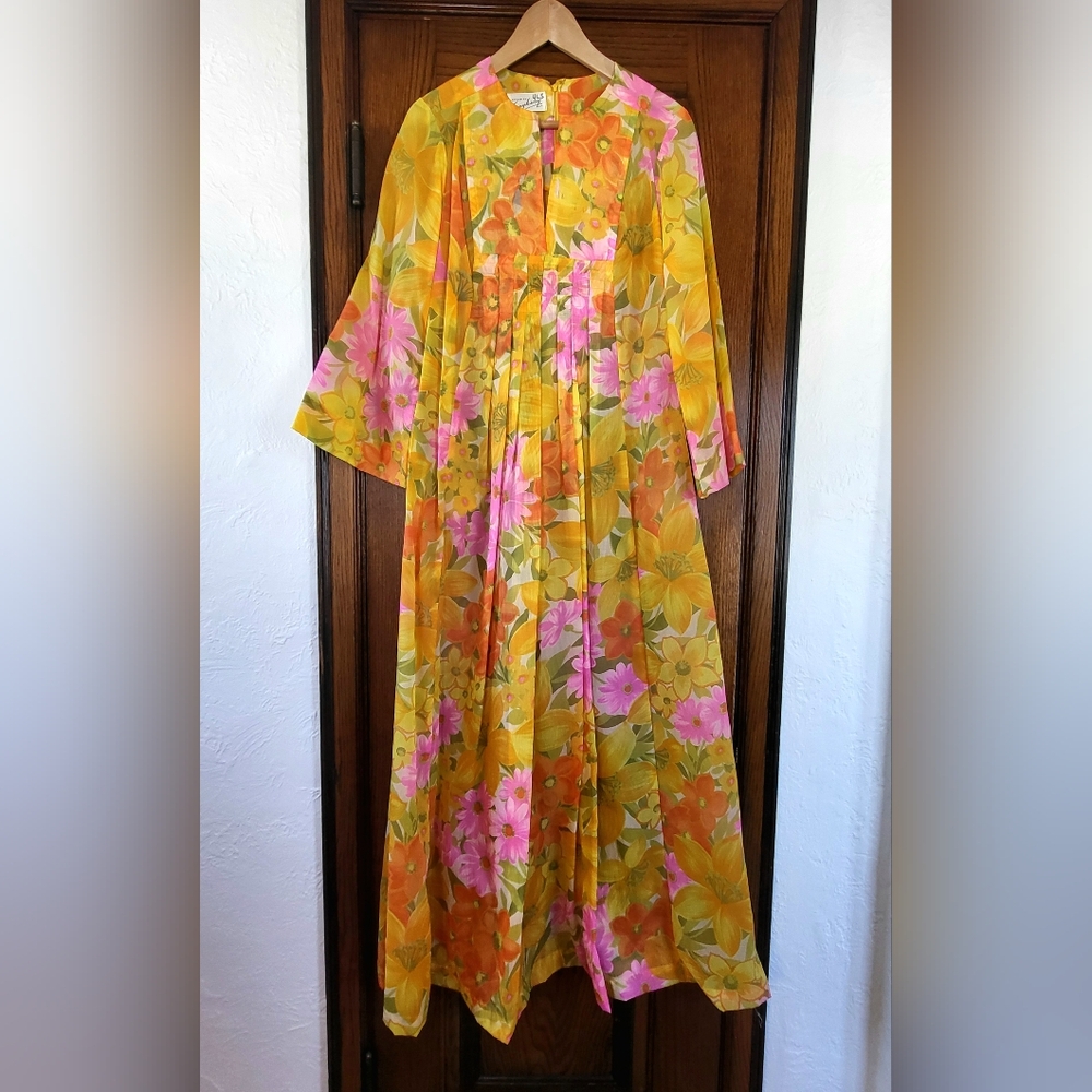 Floral Maxi Vintage Chiffon Gown Dress Caftan Mumu Small Medium